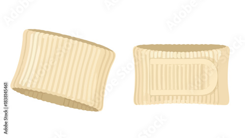 Two rigatoni pasta pieces showcasing its ribbed texture and hollow structure isolated on white background