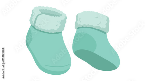 Pastel aqua baby booties with soft white faux fur trim, perfect for newborns and infants during the colder seasons featuring a whimsical aesthetic