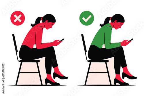 Correct and incorrect posture while using a smartphone, illustrating good and bad habits for health.