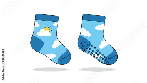Adorable sky-themed baby socks with clouds, sunshine, and non-slip grips for secure little steps, creating whimsical footwear for infants