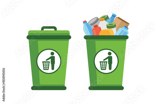 Green recycling bins, one empty and one overflowing with plastic bottles and paper waste.