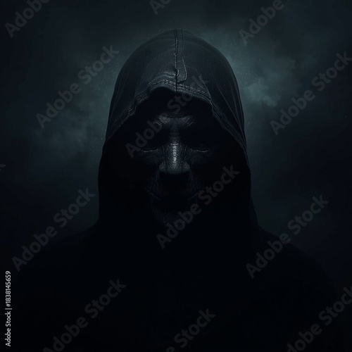Mysterious Hooded Figure Emerging from Darkness and Shadow