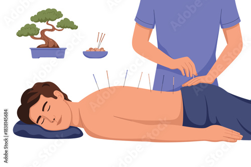 Practitioner performing acupuncture on a relaxed man receiving therapeutic treatment for wellness