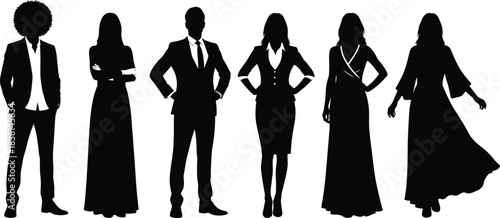 Silhouette people standing, formal attire, business suit, dress fashion, professional posture, vector illustration, diverse clothing, fashion style, elegance, anonymity