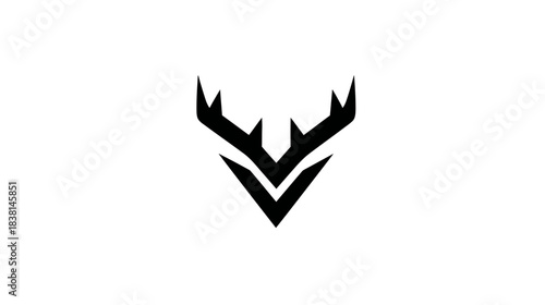 Modern minimalist geometric deer head silhouette with antlers, abstract black animal icon or symbol on white background.