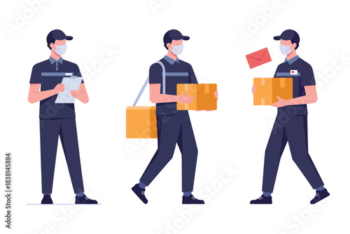 Dedicated delivery personnel in uniform wearing masks, carrying packages and mail for efficient service.