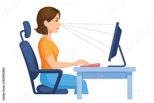 Woman focused on computer screen, demonstrating proper ergonomic posture for eye comfort.