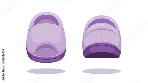 A digitally created image presents a charming pair of cartoonish slippers in a soothing shade of lavender on a clean white backdrop showcasing cozy