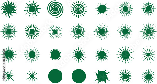 Collection of abstract green shapes and splatters arranged in a grid pattern on a white background