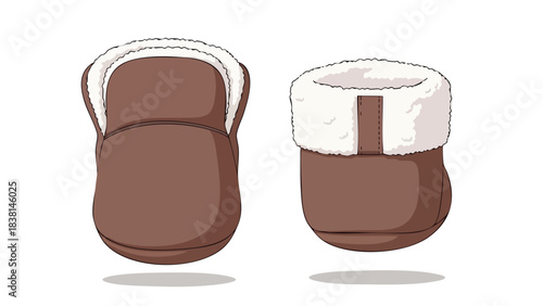 Cartoon illustration showcasing a pair of soft brown baby booties with fluffy white trim ideal for infant fashion apparel and accessories product