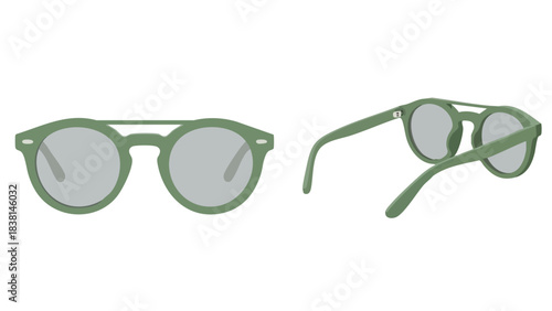 Stylish green sunglasses isolated on white background, presenting a minimalistic view showcasing both front and side, with the sunglasses having a