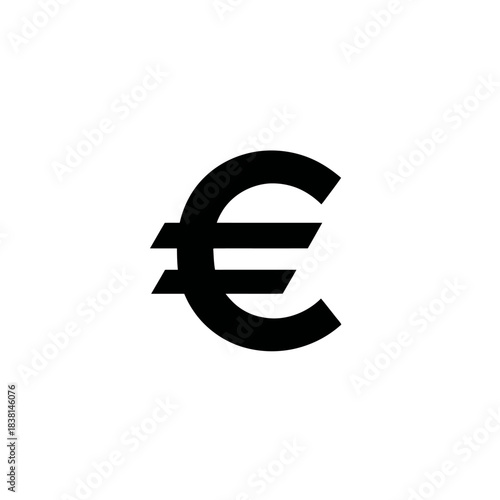 Euro currency symbol. Black icon on white background representing finance, economy, money, payment, and European monetary concepts.