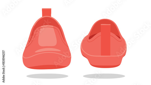 Coral rubber shoes showcase with rear perspectives against a plain backdrop displaying minimalist shoe fashion at its simplest form