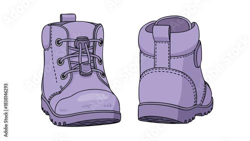 Stylized vector illustration showcasing a pair of lavender children's ankle boots for walking adventures, perfect for autumn and winter seasons