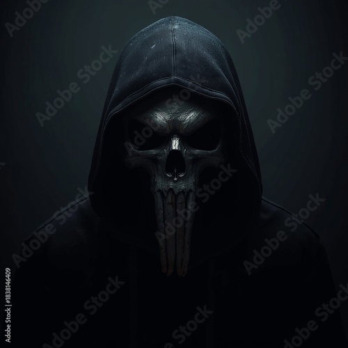 Dark Hooded Figure with Intimidating Skeleton Face Mask