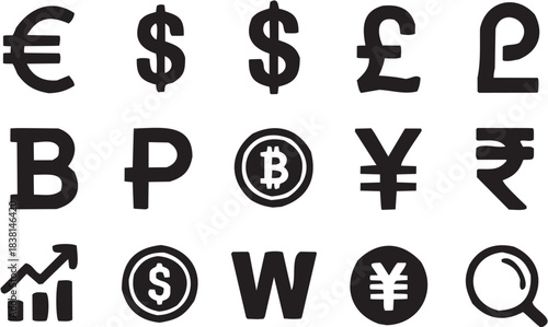 Currency Symbols Dollar Euro Pound Bitcoin Yen. A black-and-white icon representing global finance
