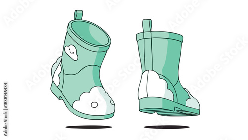 Illustrative delightful mint rainboots, adorned with playful clouds, perfect for navigating puddle-filled escapades with whimsical flair and comfort