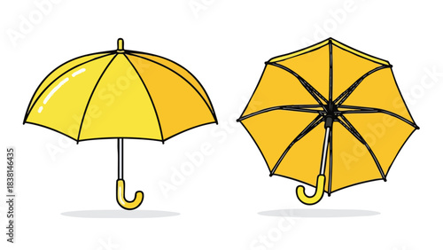 Delightful yellow umbrellas in front and overhead views, perfect for graphic designs and cheerful illustrations