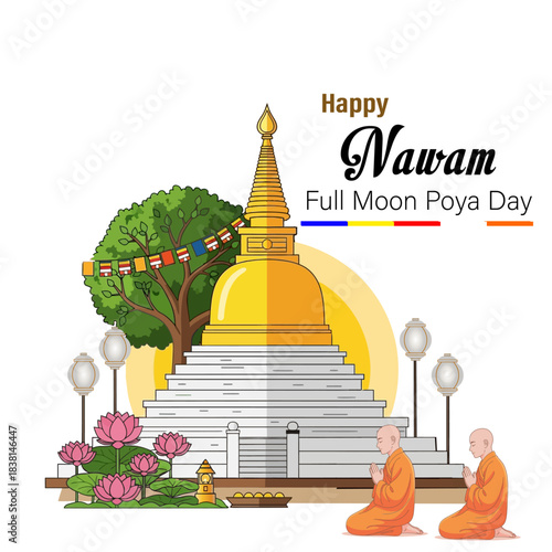 Nawam Poya Day Wishes Flyer: Pinbara Nawam, Illuminated Stupa, Full Moon Night, Buddhist Flag Graphic