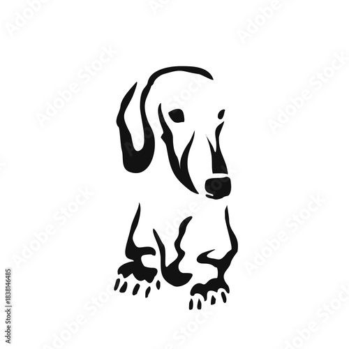 Vector drawing of a dog. Black and white gestalt design of a funny pet. Little doggy. Cute animal illustration. Postcard for International Dog Day. Drawing of an animal in the Gestalt style.	
