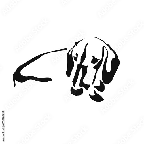Vector drawing of a dog. Black and white gestalt design of a funny pet. Little doggy. Cute animal illustration. Postcard for International Dog Day. Drawing of an animal in the Gestalt style.	
