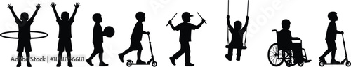 Silhouettes of diverse children enjoying playful outdoor activities with scooters, swings, hula hoop, ball games, and inclusive movement, dynamic kid-friendly vector illustration design