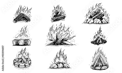 Campfire set. Hand drawn campfire set, isolate on white background.
