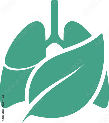 Vector icon of healthy lungs with leaf icon, respiratory system concept, white