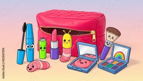 Playful cartoon illustration of makeup accessories with cute facial expressions in vibrant colors