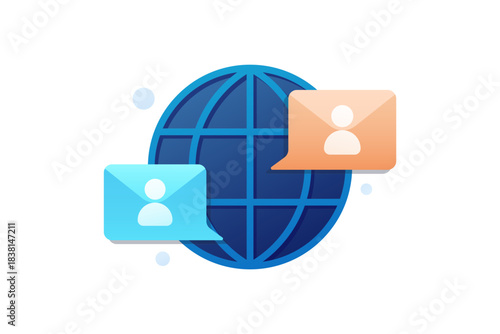 Vector illustration of Global Communication and Online Chat, showing a Globe with Colorful Speech Bubbles for Social Networking and Connectivity.