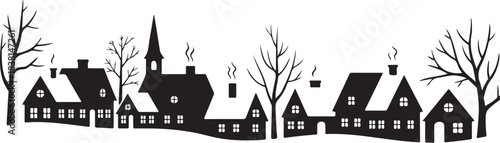 Black silhouette of a village with snowy roofs and bare trees