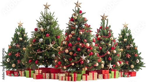 Set of Christmas Trees Decorated with Gold Ornaments on White Background. made with generative Ai