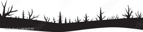 Black silhouette of bare trees and grass on a white background