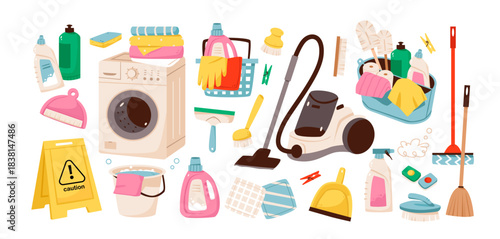 Household cleaning supplies and tools. Detergent, mop, vacuum, and bottles. Sanitary cleaning concept. Cleaning equipment and hygiene tools cartoon illustration set.