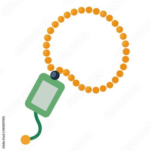 A cartoon image of a prayer rosary with a green pendant