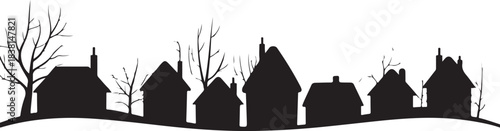 Black silhouette of houses and bare trees on a white background