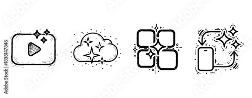 Hand-drawn media icons: play button, cloud, grid, smartphone with sparkles