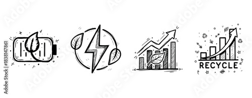 Eco-friendly symbols: sustainable energy, growth, and recycling icons in black and white