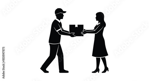Silhouette of delivery man handing a package to a woman customer in a simple graphic style