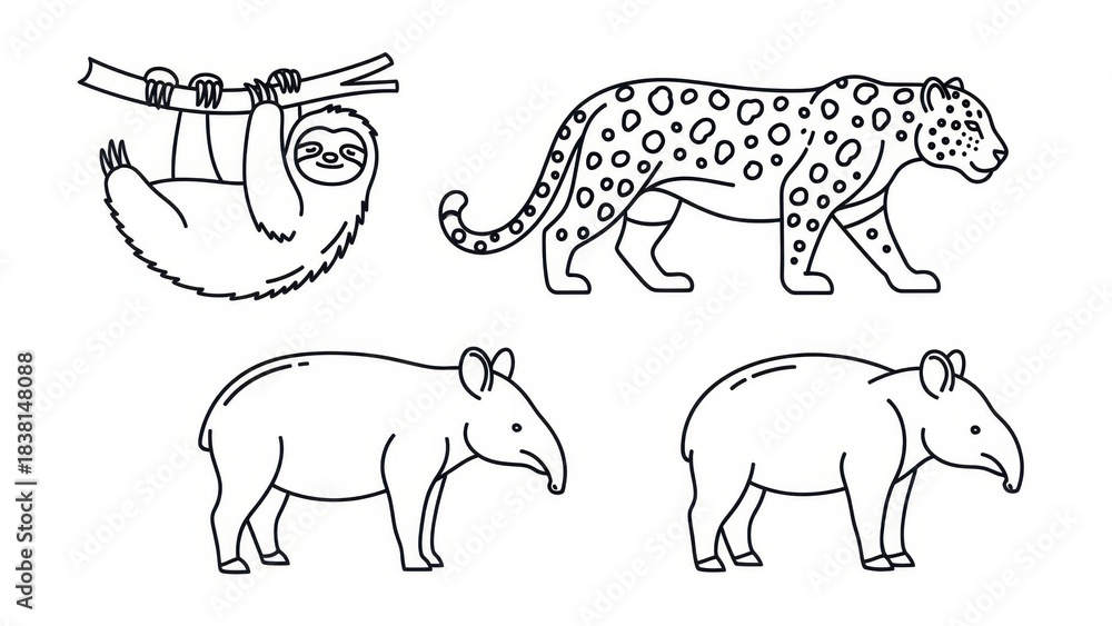 Naklejka premium Illustrated south american animals: sloth, jaguar and tapir in minimalist outline style