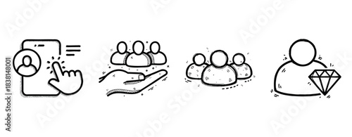 Hand-drawn user icons for team management and profile selection