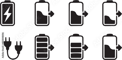 Battery Icons Showing Charging and Discharging. A black-and-white energy illustration.