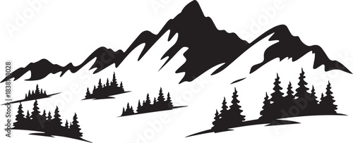 Black silhouette of jagged mountain range and pine trees