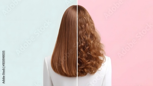 Contrast between straight smooth auburn hair and curly textured auburn hair showcasing the dramatic change from a hair straightening or curling service