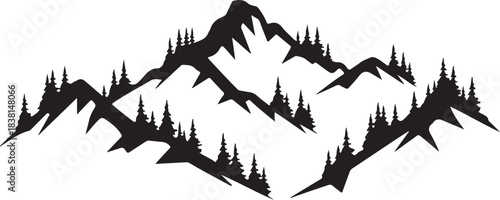 Black silhouette of jagged mountain peaks with pine trees