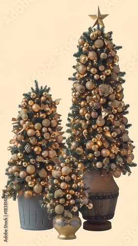 Set of Christmas Trees Decorated with Gold Ornaments on White Background. made with generative Ai