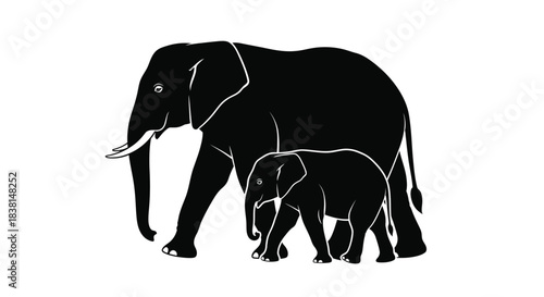 Stylized black and white silhouette graphic of an adult elephant walking closely beside its small calf