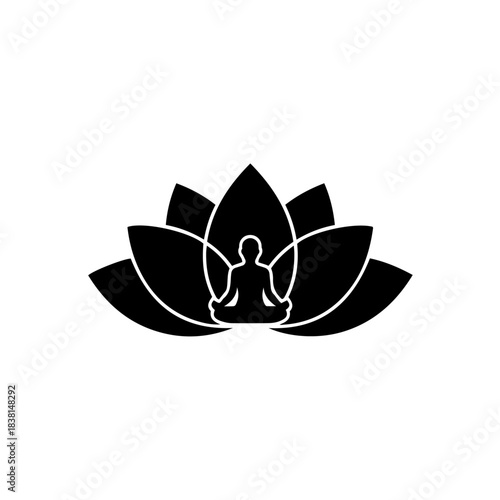 Black silhouette of a person meditating in lotus position inside a large lotus flower