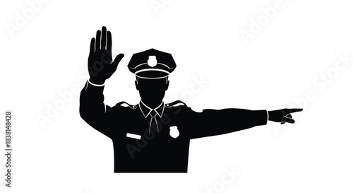 Silhouette of a police officer directing traffic with one hand raised and the other pointing right