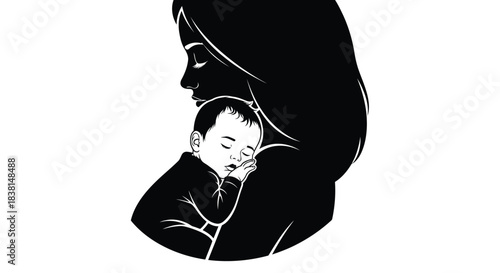 Stylized black and white vector graphic depicting a mother tenderly holding her sleeping infant close to her shoulder